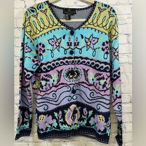 VINTAGE Carole Little Navy Purple 80s Coastal Grandma Artsy Cardigan Sweater L